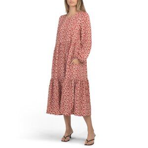 IN FEBRUARY Burgundy Floral Tiered Midi Dress With Back Tie Detail